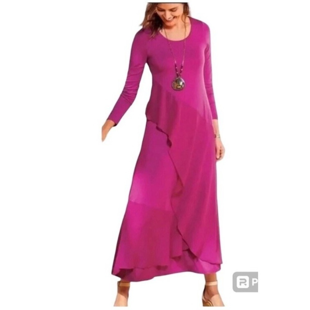 Soft Surroundings Haylee Pink Asymmetric Ruffle Front Maxi Dress XL Long Sleeve